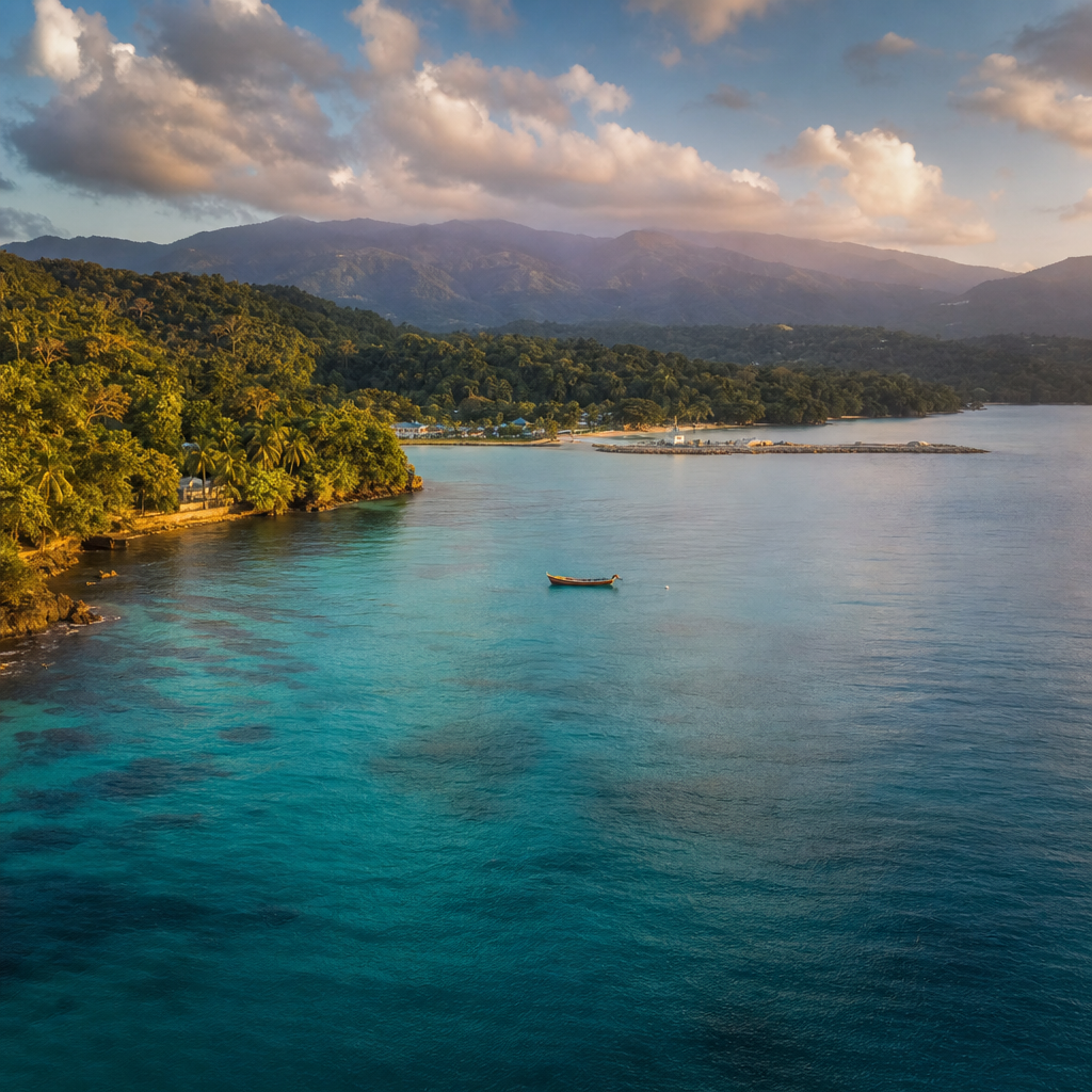 Aerial view of Port Antonio harbor at golden hour, Blue Mountains in the distance