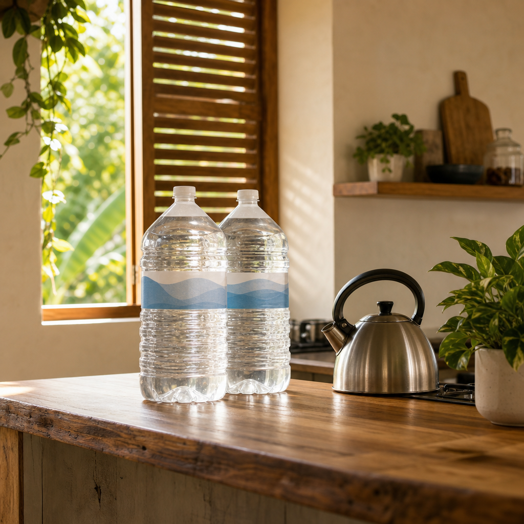 Two 5-gallon water bottles on a clean wooden kitchen counter beside a kettle, morning light
