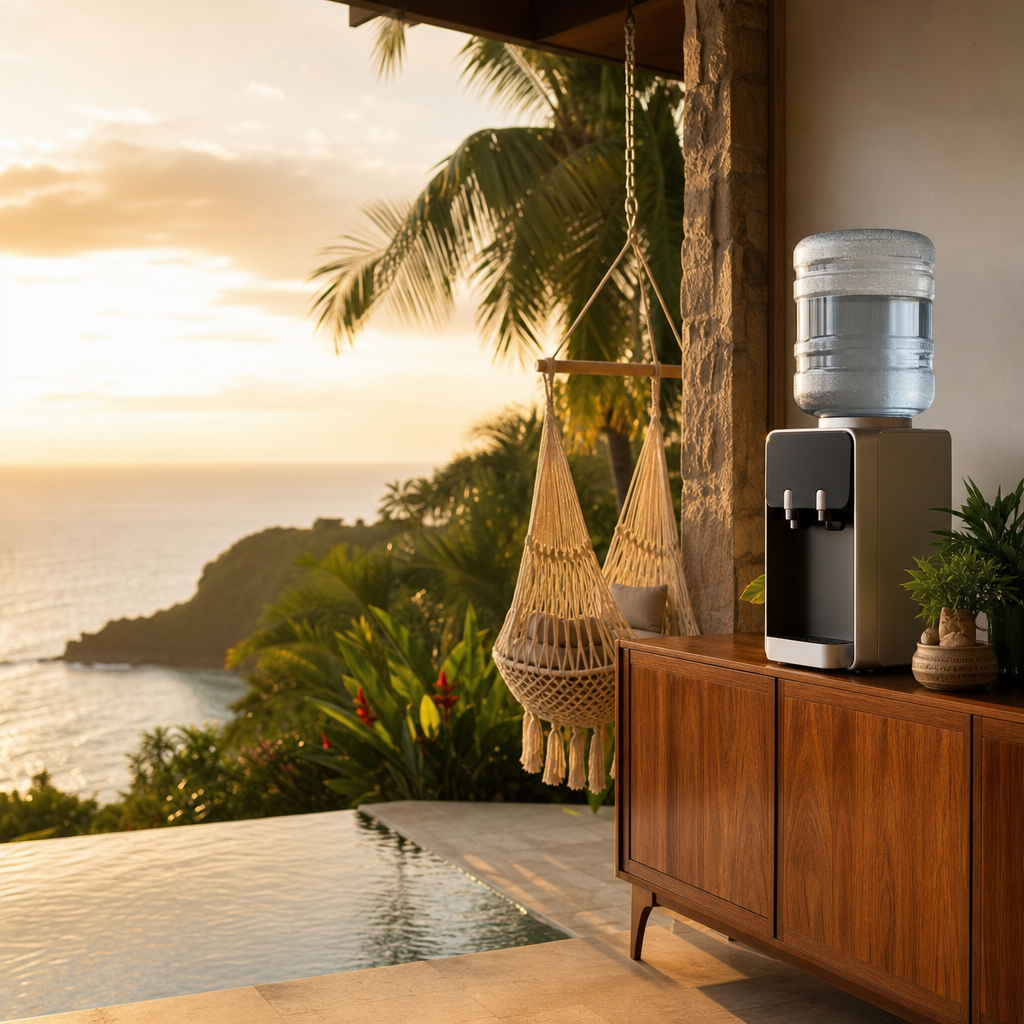 Open-air Portland villa terrace with a water dispenser, ocean view at golden hour